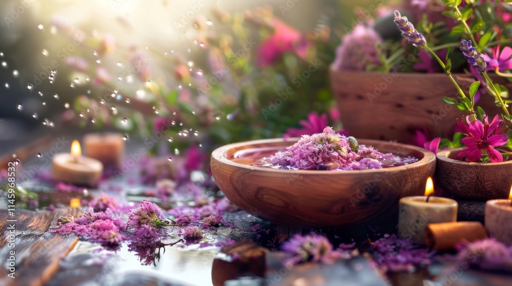 Lavender flowers and candles creating a relaxing spa atmosphere