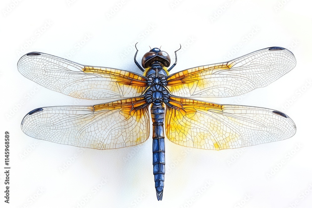 A close-up shot of a dragonfly with vibrant orange and blue wings on a clean white background A close-up shot of a dragonfly with vibrant orange and blue wings on a clean white background