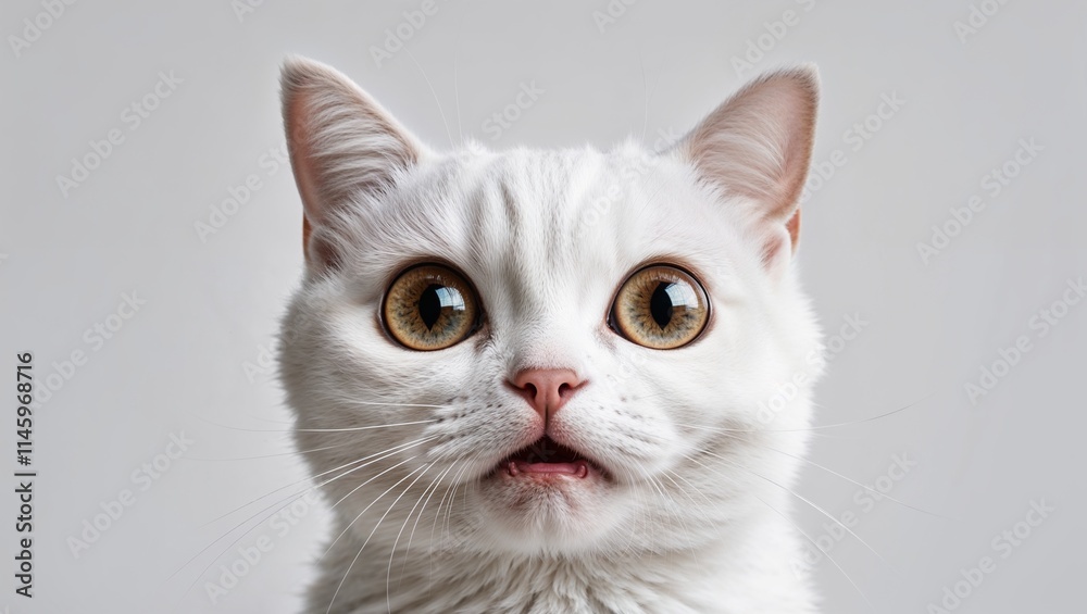 Close-up Funny Portrait of a Surprised White Cat, Capturing the Hilarious Expression and Playful Curiosity with Detailed Fur and Lively Features Close-up Funny Portrait of a Surprised White Cat, Capturing the Hilarious Expression and Playful Curiosity with Detailed Fur and Lively Features
