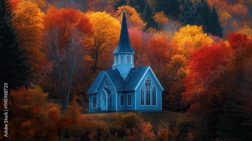 A rural church surrounded by trees ablaze with color.