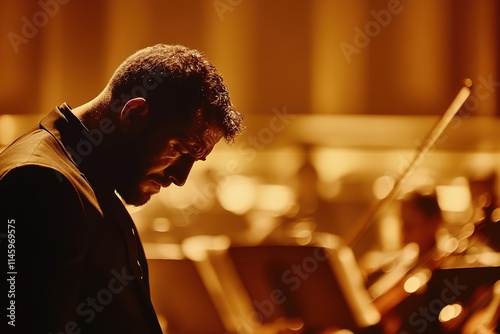 close-up of baritone singer with dramatic pose during solo performance under dim golden lighting on large stage