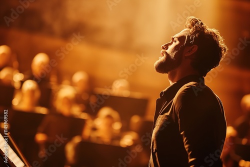 close-up of baritone singer with dramatic pose during solo performance under dim golden lighting on large stage
