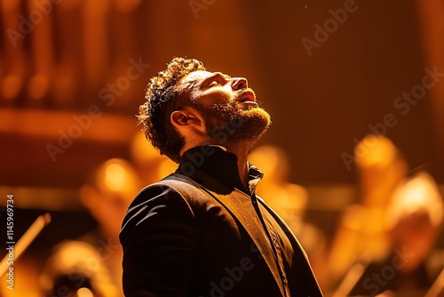 close-up of baritone singer with dramatic pose during solo performance under dim golden lighting on large stage
