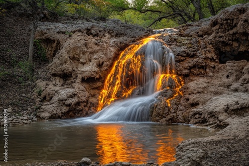 A dramatic fiery waterfall elegantly descends over rugged rock formations, providing an enthralling show of nature's power and beauty in the verdant wilderness. photo