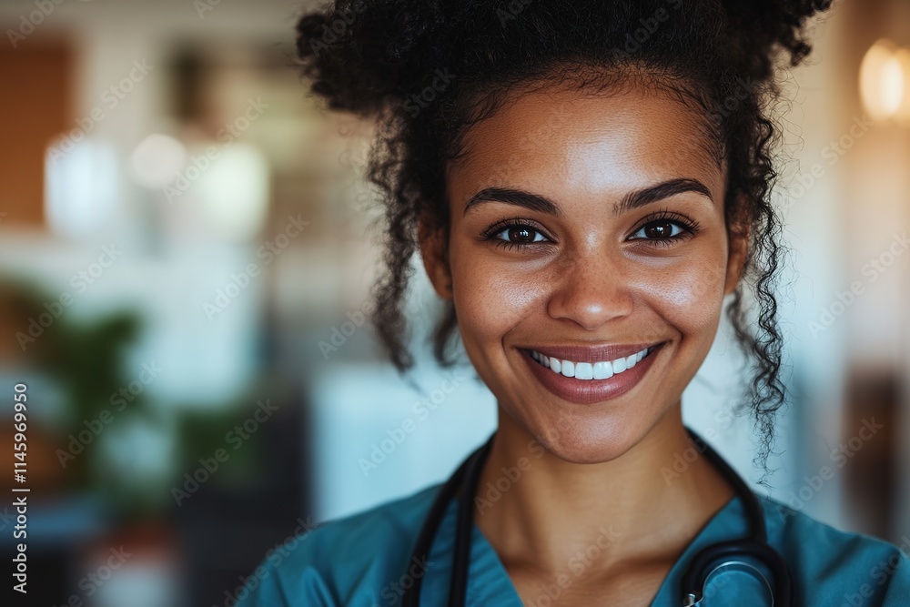 Fototapeta premium close-up of smiling nurse holding stethoscope bright hospital background with blurred elements warm and caring atmosphere