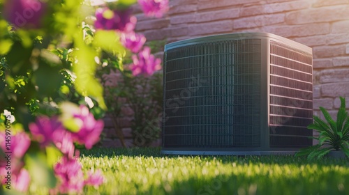 An outdoor air conditioning condenser unit placed in a well-maintained backyard, designed for energy efficiency and durability.