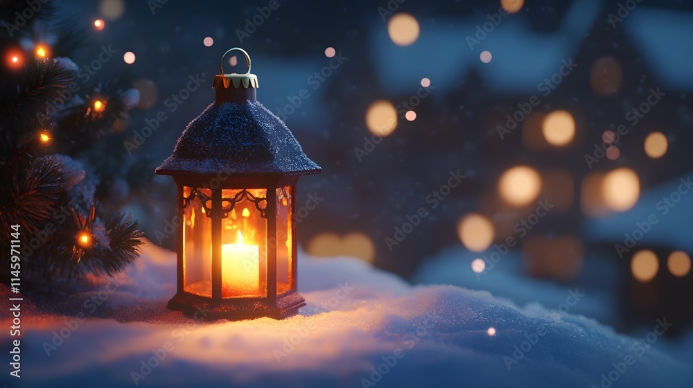 Illuminated Lantern In Snowy Winter Night Scene Illuminated Lantern In Snowy Winter Night Scene