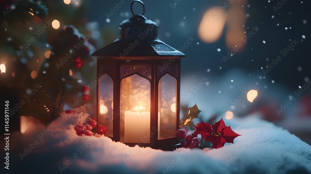 Festive Lantern Glowing in Winter Snowscape Festive Lantern Glowing in Winter Snowscape