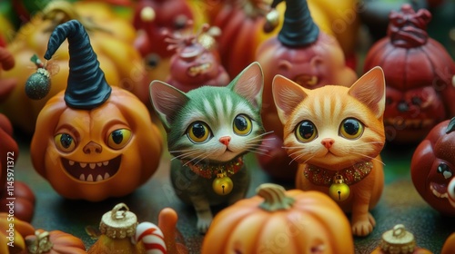 A group of figurines featuring cats sitting among pumpkins
