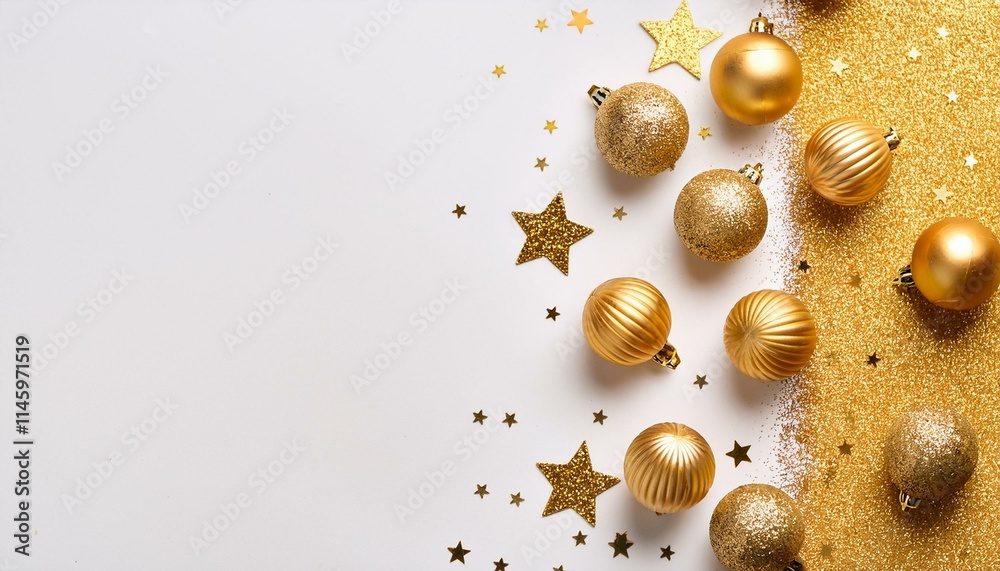Top view of golden ornaments on white background with golden glitter stars. Generated image Top view of golden ornaments on white background with golden glitter stars. Generated image