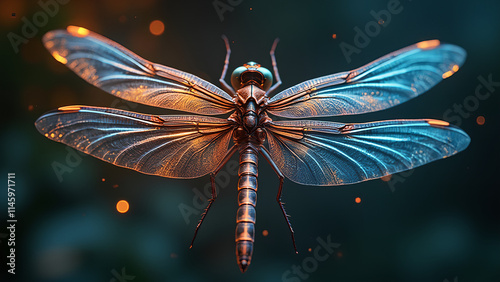 An otherworldly portrayal of a mechanical dragonfly using Bioluminescent Dreamscape Mapping photo