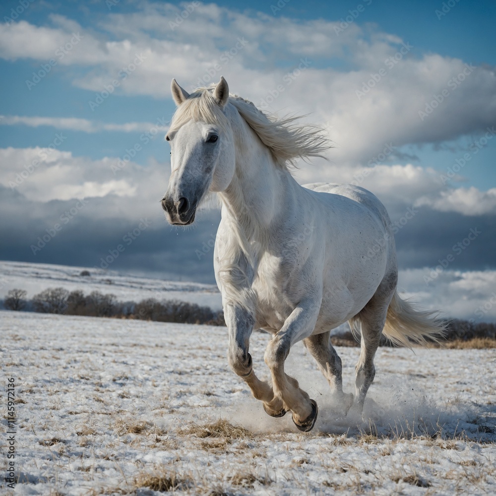 A beautiful white horse trotting through a snowy field under a blue and white sky. A beautiful white horse trotting through a snowy field under a blue and white sky.