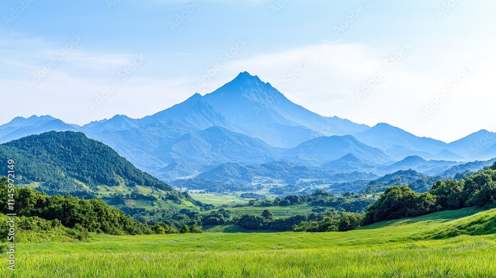 Panoramic view of a majestic mountain range on a sunny day, with a vast green field in the foreground.