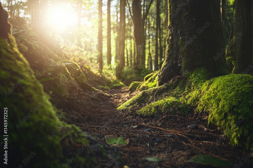 Fototapeta premium A warm and cozy scene of sunlight shining through the trees in a dense forest