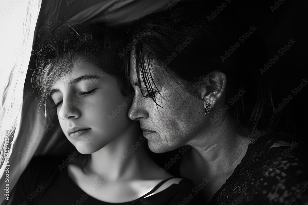 A mother and her young child, captured in a timeless black and white photograph