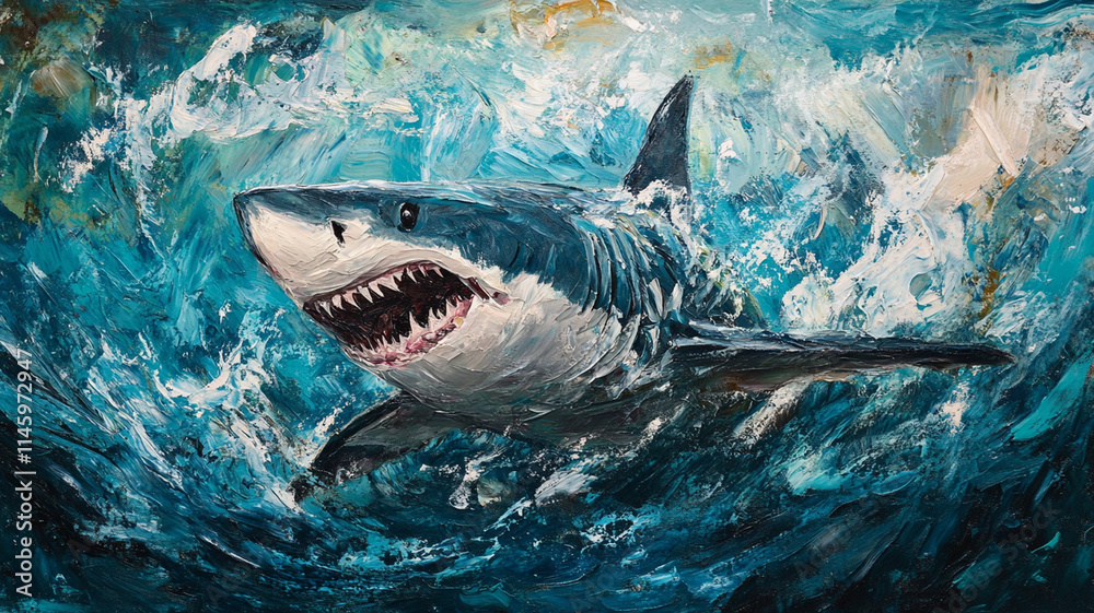 Obraz premium Majestic shark swimming in turbulent sea waves, showcasing its power and grace