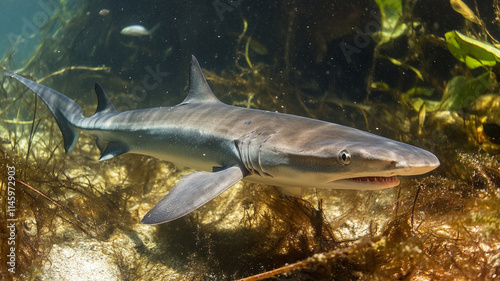 Shark swimming in shallow water among seaweed and marine life