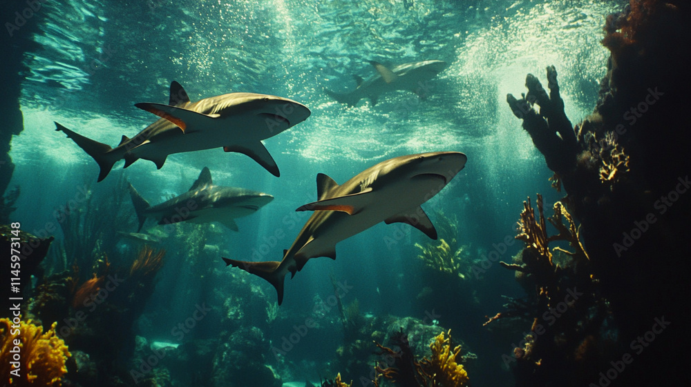 Sharks swim gracefully underwater among vibrant coral reefs Sharks swim gracefully underwater among vibrant coral reefs