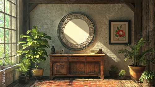 Bohemian office with a blank decorative plate.