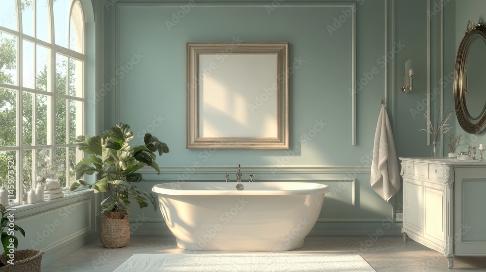 Fototapeta premium Bright bathroom with an empty frame above the vanity