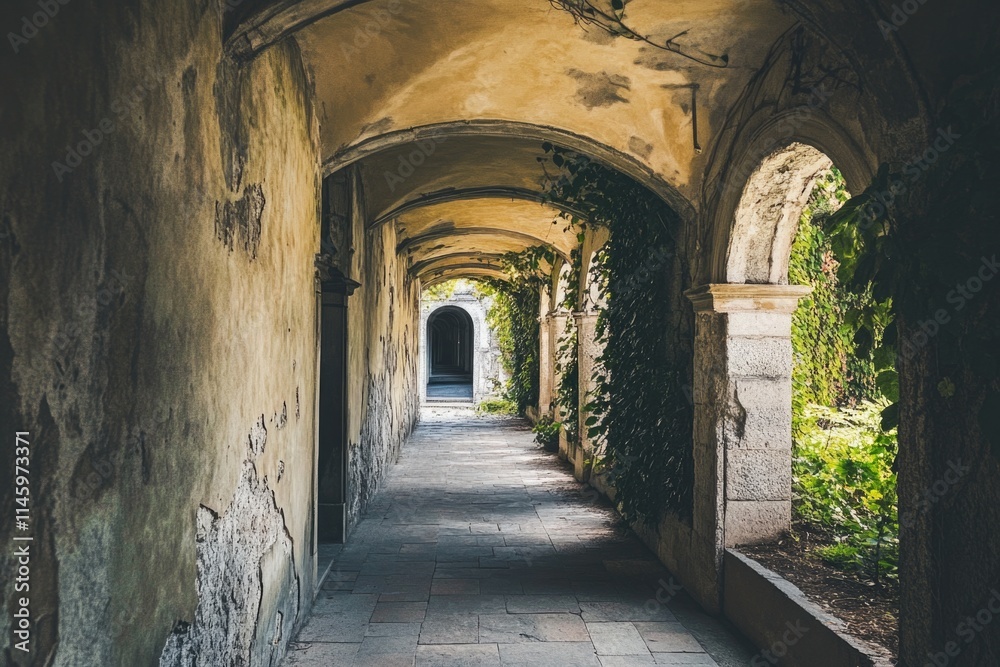 A long, dimly lit hallway with an old-fashioned clock on the wall A long, dimly lit hallway with an old-fashioned clock on the wall