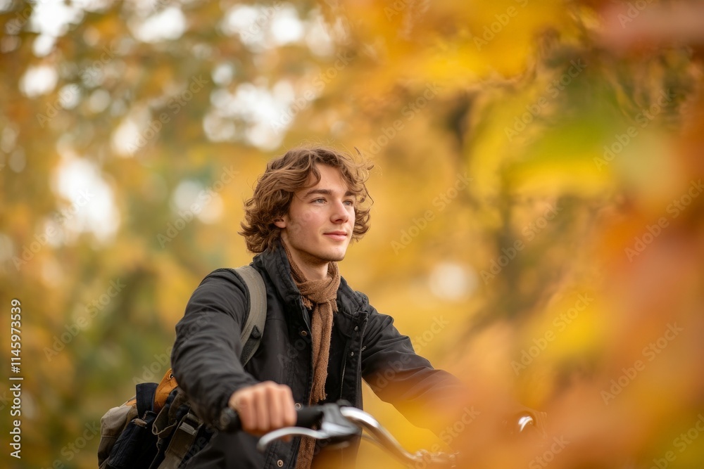 A young man pedals through a beautiful autumn scene, surrounded by colorful leaves. His relaxed expression conveys a sense of tranquility and seasonal joy. A young man pedals through a beautiful autumn scene, surrounded by colorful leaves. His relaxed expression conveys a sense of tranquility and seasonal joy.