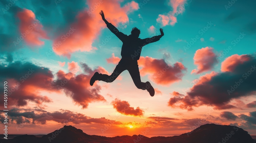 Captivating silhouette of a person jumping against a dramatic sky, conveying freedom and exhilaration in mid-air. Captivating silhouette of a person jumping against a dramatic sky, conveying freedom and exhilaration in mid-air.