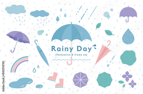 雨の日と梅雨のイラストとフレームのセット　傘　あしらい　飾り　装飾　雨の日　レイングッズ　天気　雨雲