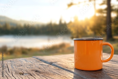 Bright orange mug resting on a wooden table near a lake at sunset with trees and mountains in the background