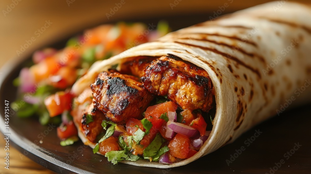 Close-up of a delicious wrap filled with grilled meat, fresh vegetables, and drizzled sauce. Close-up of a delicious wrap filled with grilled meat, fresh vegetables, and drizzled sauce.