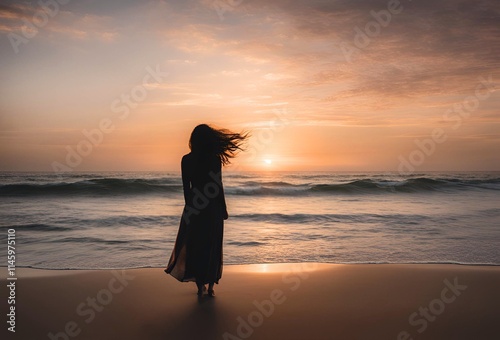 夕日を見つめる女のシルエット