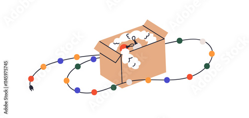 Open box with Christmas decoration. Unpacking festive ornaments from cardboard. Holiday garland, Xmas electric lights, tinsel decor, baubles. Flat vector illustration isolated on white background