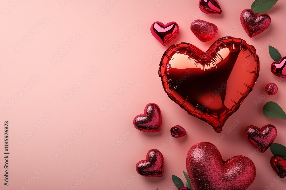 A cascade of shimmering hearts surrounds a vibrant red heart-shaped balloon, embodying the essence of love and celebration on Valentine's Day. A cascade of shimmering hearts surrounds a vibrant red heart-shaped balloon, embodying the essence of love and celebration on Valentine's Day.