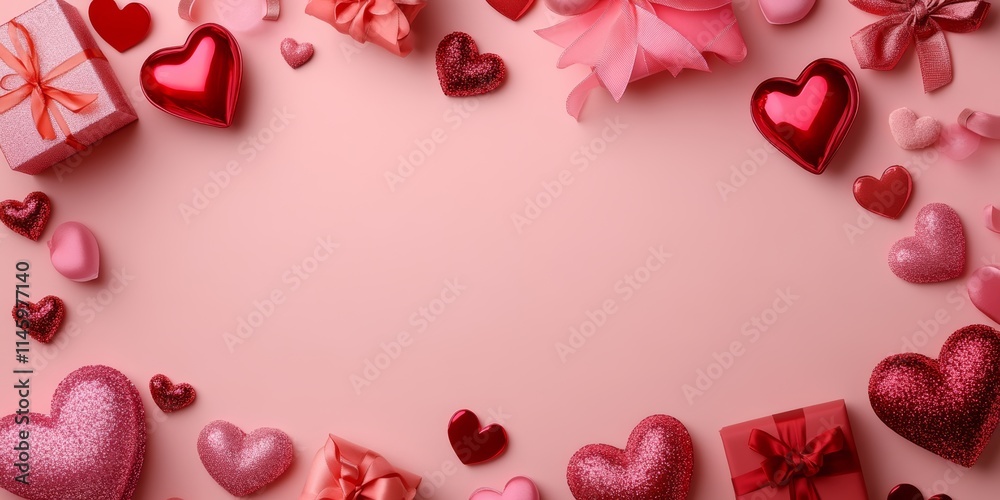 A romantic scene adorned with vibrant pink hues, featuring delicate hearts and charming gifts, perfect for celebrating love on Valentine's Day. A romantic scene adorned with vibrant pink hues, featuring delicate hearts and charming gifts, perfect for celebrating love on Valentine's Day.