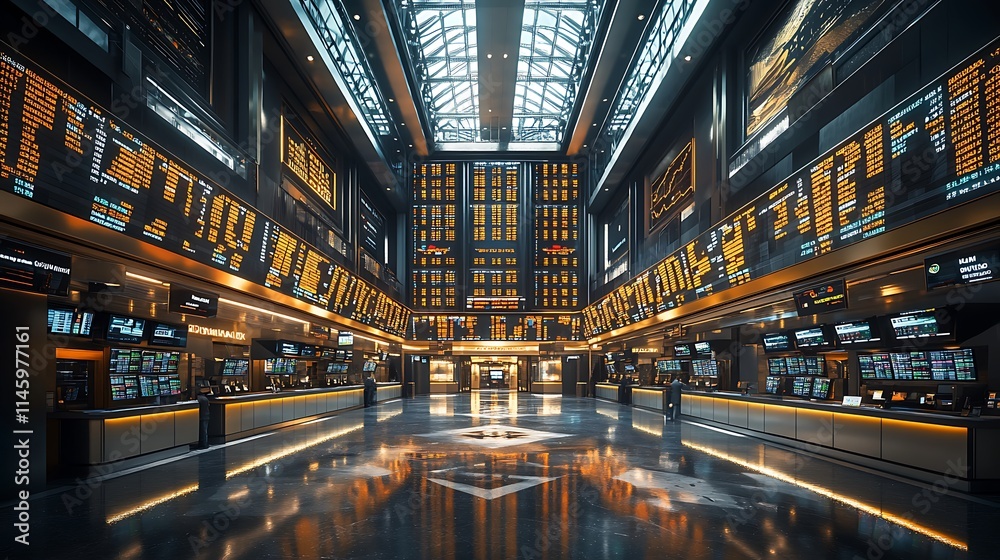 Modern Stock Exchange Interior With Illuminated Displays Modern Stock Exchange Interior With Illuminated Displays