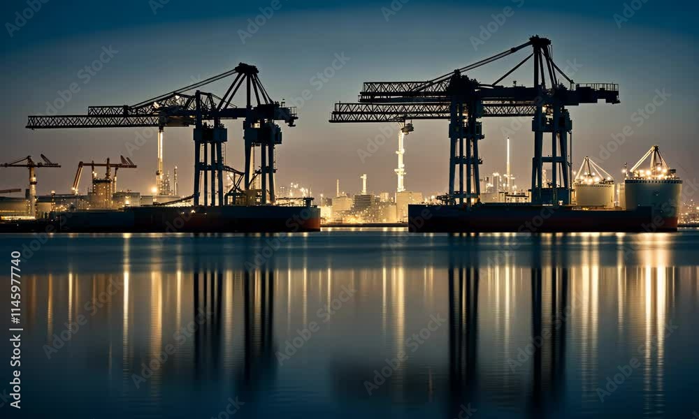 Silhouette of cranes near the port at night Silhouette of cranes near the port at night