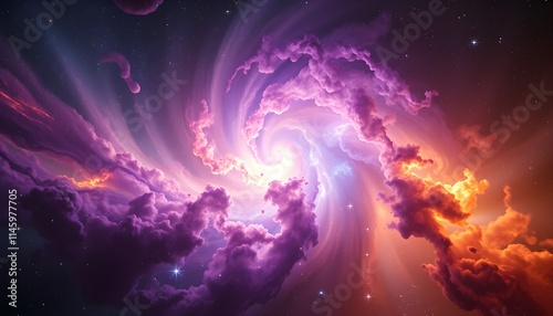 Vibrant cosmic swirl filled with purple and orange hues in a starry universe photo