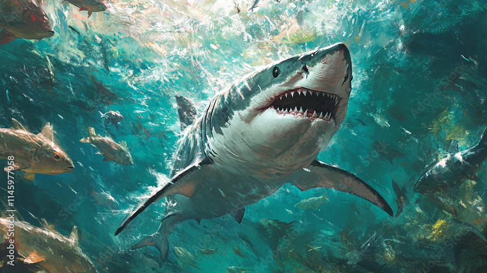 Obraz premium powerful great white shark swims through clear turquoise waters, showcasing its strength and