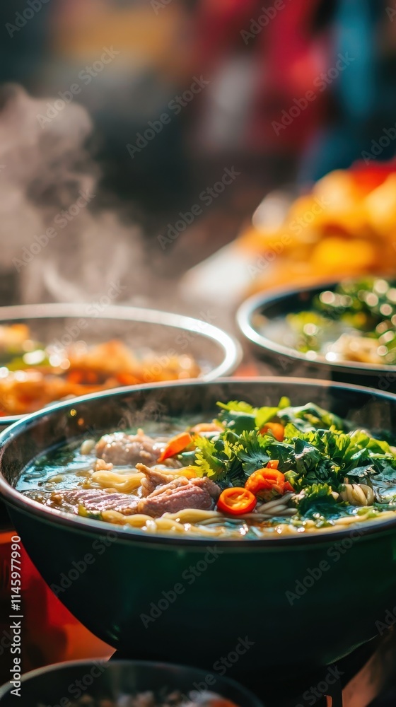 Fototapeta premium Steaming Bowl of Delicious Asian Noodle Soup
