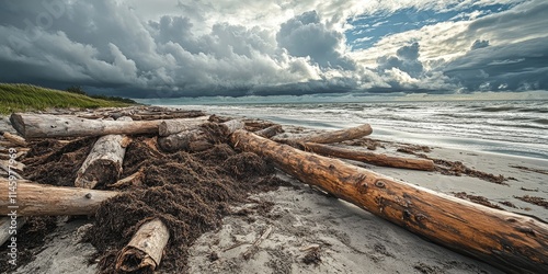 Logs and dirt scattered on the beach after the storm surge create a striking contrast, showcasing nature s power and the aftermath of the storm surge s impact on the shoreline. photo