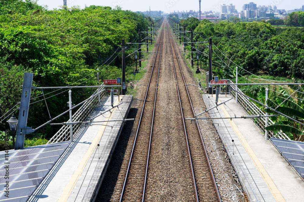 Railway Lines Through Greenery in Nanke Station, Tainan, Taiwan Railway Lines Through Greenery in Nanke Station, Tainan, Taiwan