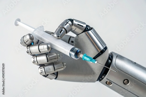 robot hand hold medical syringe. Automated medical procedure 