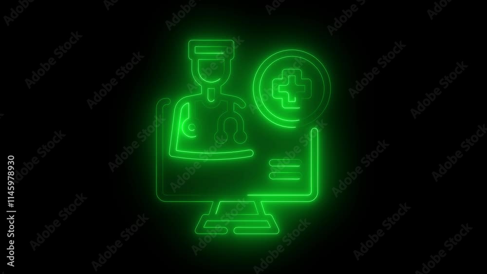 Telemedicine icon animation by green color neon on black background. Telemedicine icon animation by green color neon on black background.