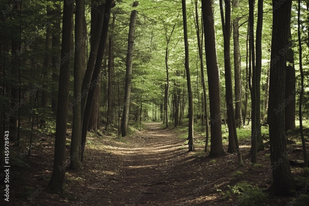 A winding dirt path through dense forest foliage A winding dirt path through dense forest foliage