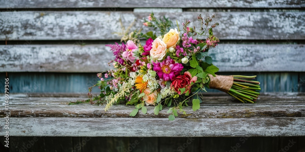 A vibrant bouquet of flowers and greenery rests elegantly on an aged wooden bench, showcasing the beauty of nature through the arrangement of the flowers and the rustic charm of the bench. A vibrant bouquet of flowers and greenery rests elegantly on an aged wooden bench, showcasing the beauty of nature through the arrangement of the flowers and the rustic charm of the bench.