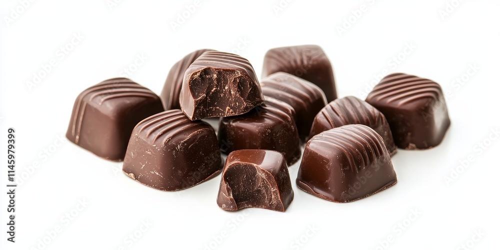 Delicious cracked milk chocolate candies, these enticing sweets are beautifully isolated on a white background, showcasing the rich texture and flavor of the milk chocolate candies.