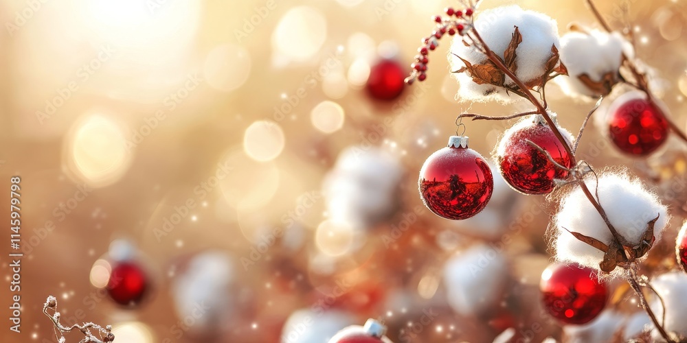 Cheerful cotton plants decorated with red ornaments against a blurred background create a warm and inviting holiday atmosphere, perfect for seasonal decor. Cheerful cotton plants decorated with red ornaments against a blurred background create a warm and inviting holiday atmosphere, perfect for seasonal decor.