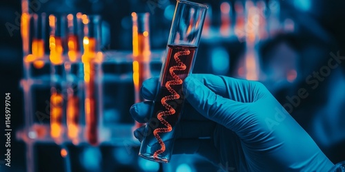 Analysis of DNA, A gloved hand holds a test tube containing DNA. This image depicts bacteriological studies in a lab, showcasing the spirals and blood molecules of DNA for medical tests.