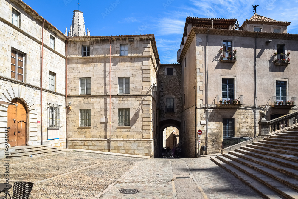 Plaza de la Catedral de Girona, Catalonia, Spain. Plaza de la Catedral de Girona, Catalonia, Spain.