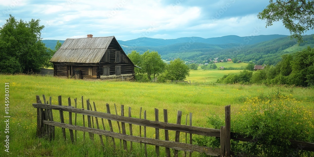 Rustic wooden house situated in a meadow adjacent to an agricultural field, showcasing the charm of an old wooden house amidst serene landscapes. This old wooden house embodies rural tranquility.